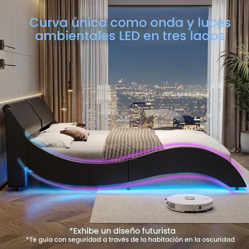 Vista 7 de DICTAC - Marco de cama Queen con luces LED y puertos de carga, cama moderna tapizada tamaño Queen con cabecera, marco de cama de plataforma