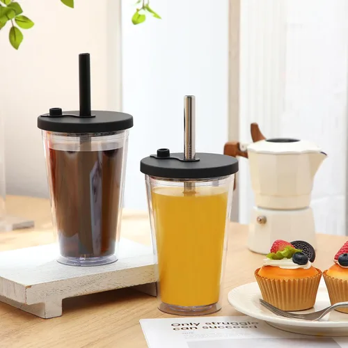 Vista 4 de Honeydak Paquete de 2 Tazas Reutilizables de 16oz para Café Helado con Tapas, Impermeables y de Pared Doble Aislada, Vaso de Café Helado de Plástico