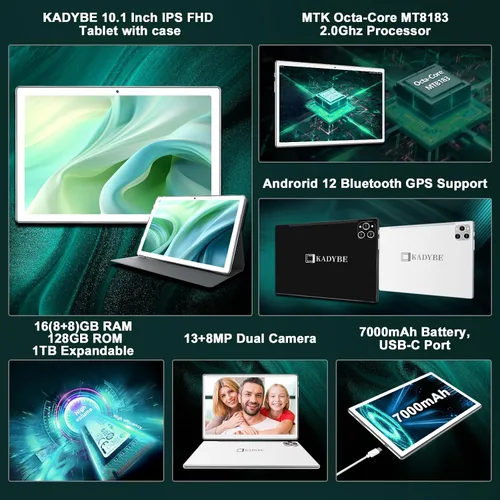 Vista 2 de KADYBE Tablet 2024 Tabletas Android de 10 pulgadas, última tableta con estuche de 128 GB de almacenamiento+16 GB de RAM+1 TB expandible, cámara