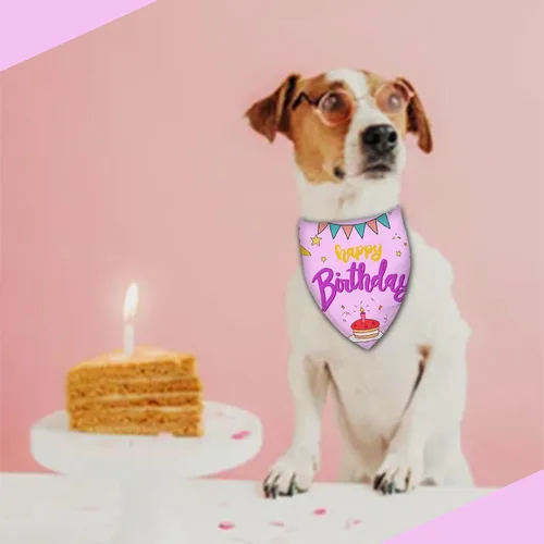Vista 7 de Pañuelo de feliz cumpleaños para perro, bufanda lavable para mascotas, pañuelo triangular ajustable, impresión de doble cara, rosa, globo de pastel