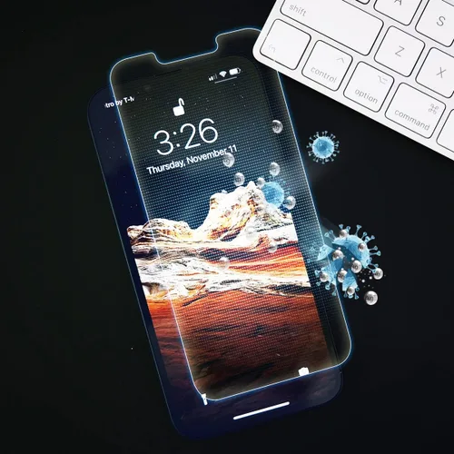 Vista 4 de Protector de pantalla de vidrio templado antiluz azul con iones plateados para iPhone 14 Pro Max, probado por SGS e Intertek, bloquea la luz azul