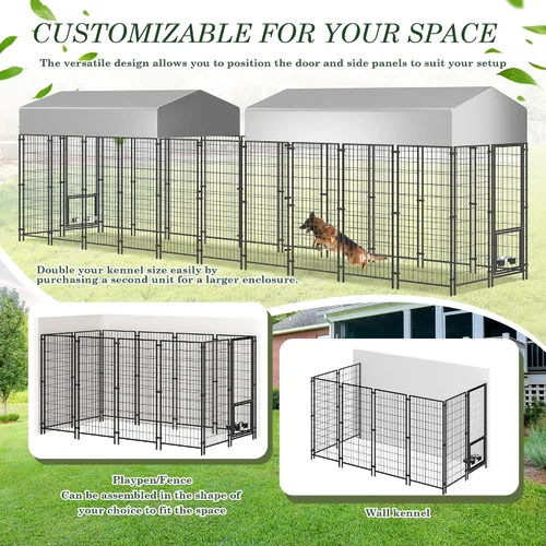 Vista 6 de Perrera para perros al aire libre, recinto para perros de 8 x 4 x 5.7 pies con cubierta de techo impermeable y 2 cuencos giratorios para perros