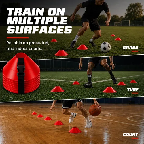Vista 4 de American Challenge Conos de disco grandes (6 conos) Oversized Agility Training Cones with Carry Strap - Great Football, Basketball & Practice