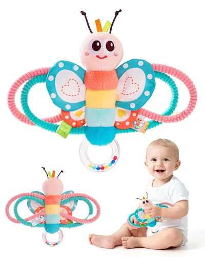 Vista 8 de Jollybaby Sonajeros suaves para bebés y juguete de anillos de peluche para recién nacidos de 0-3-6-12 meses, juguetes sensoriales y de desarrollo
