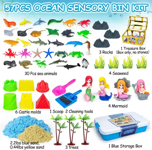 Vista 2 de Contenedor sensorial, 57 unidades de contenedores sensoriales de sirena oceánica para niños pequeños, kit de arte de arena, moldes de animales