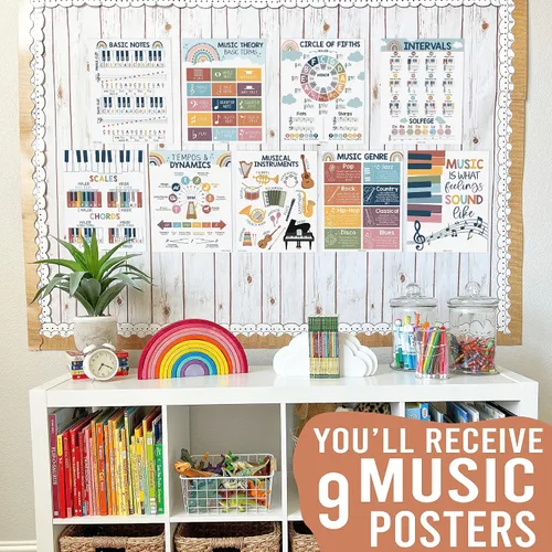 Vista 2 de Hadley Designs 9 pósteres de música para aulas – Decoración de aula de música bohemia, impresiones de coro y solfeo, decoraciones de tablón