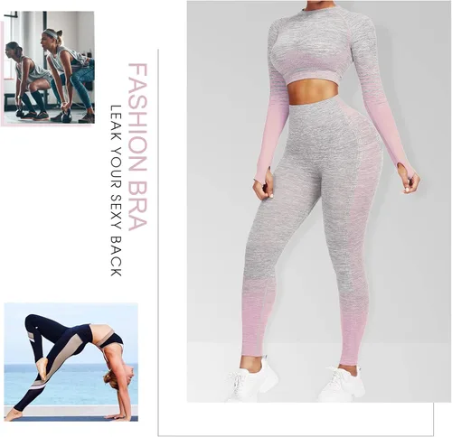 Vista 7 de JOYMODE - Conjunto de entrenamiento para mujer, diseño de 2 piezas con leggings de tiro alto sin costuras y camiseta corta , para yoga