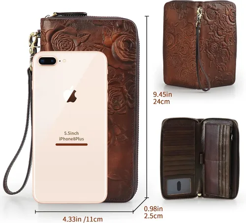Vista 3 de Cartera de cuero con bloqueo RFID para mujer, de gran capacidad, con correa de mano desmontable