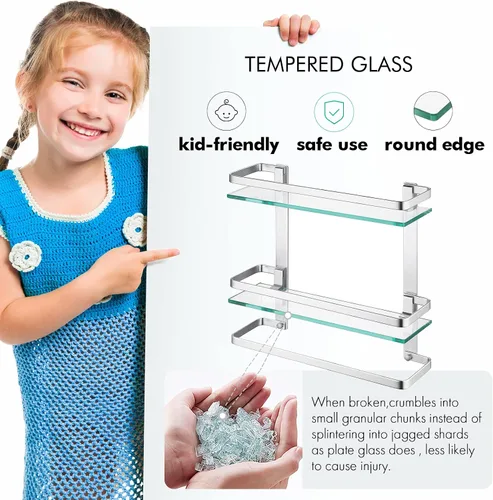 Vista 6 de KES Estante de vidrio templado para baño, estante de vidrio de almacenamiento de 2 niveles, rectangular con barra montado en la pared, acabado
