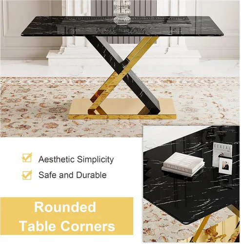 Vista 4 de Juego de Mesa de Comedor de Mármol para 4, Mesa Rectangular Negra de 63 Pulgadas con Marco de Metal Dorado en Forma de X y 4 Sillas de Comedor