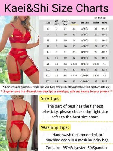 Vista 5 de Lenceria con liguero para mujer, conjunto de encaje traslúcido y sexy de 4piezas