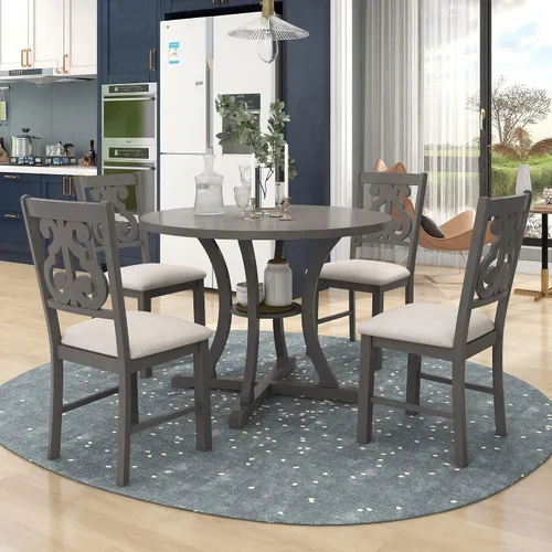 Vista 8 de Harper & Bright Designs Juego de mesa redonda de 5 piezas con estante, mesa de comedor familiar de madera