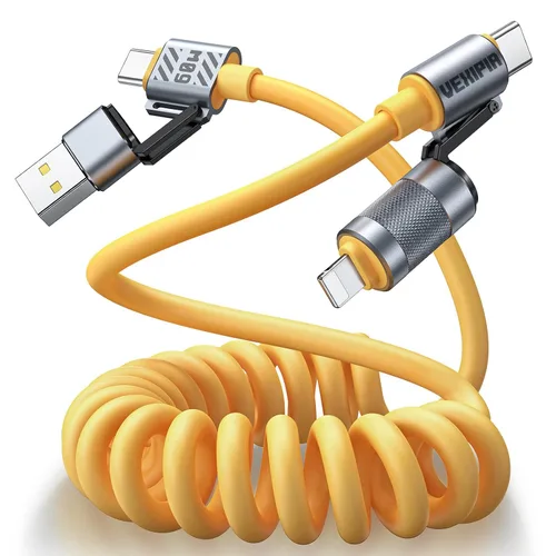 Vista 7 de Cable USB C en espiral 4 en 1 para automóvil de 5 pies [carga rápida de 60 W] compatible con cable Lightning [CarPlay y Android Auto] Combo de cable