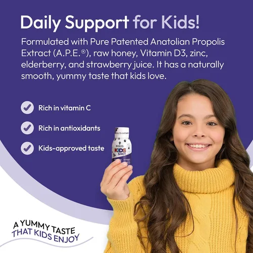 Vista 4 de Suplemento de apoyo inmunológico para niños BEE and You, propóleos 100% natural, vitamina C, saúco, miel cruda, antioxidantes, alternativa a