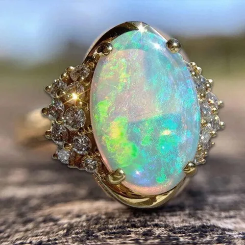 Vista 3 de Outsta Toys Anillo de piedra preciosa, anillo de ópalo de imitación de oro y diamante para mujer, anillo de diamante brillante con circonita cúbica
