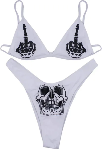 Vista 86 de AIBEARTY Traje de baño de dos piezas con estampado de calaveras para mujer, conjunto de bikini triangular de corte alto para fiesta, festival