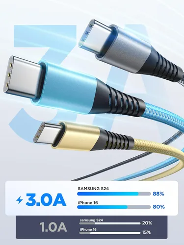 Vista 3 de Cable USB C de 3 pies, 3 unidades de carga rápida de nailon trenzado largo tipo C para Samsung Galaxy S24 S23 S22 S21 S10 S9 S8 A02s A03s A11 A12