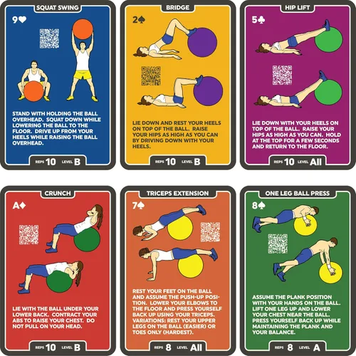 Vista 6 de Stack 52 - Tarjetas de ejercicio, diseño de bola Juego de cartas de entrenamiento con bola suiza. Instrucciones de vídeo incluidas. Programa