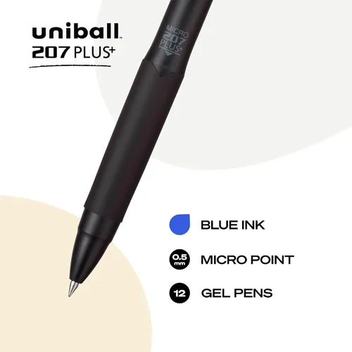 Vista 2 de Uni-Ball 207 Plus+ Bolígrafos de gel retráctiles, micro punta (0.5mm), azul, paquete de 12 unidades Retráctil, de secado rápido, escritura suave