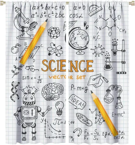 Vista 70 de Cortinas opacas para ventanas de ciencia para niños, lupa de libro de laboratorio de ciencia, lupa, frascos moleculares, cortinas impresas