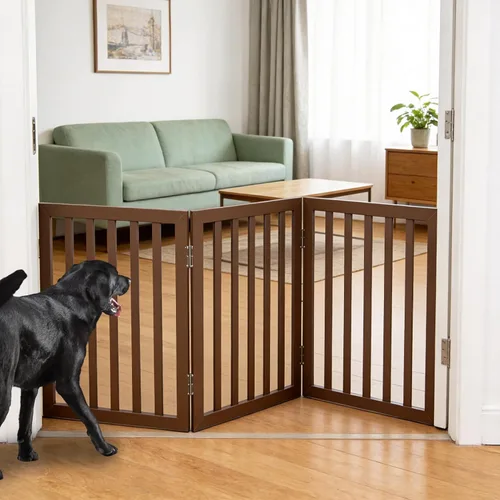 Vista 28 de Puerta para perros para interiores, valla independiente para perros, para la casa, puertas, pasillos o escaleras, puerta para mascotas plegable