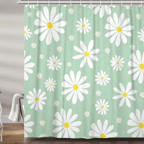 Vista 10 de Cortina de ducha con diseño floral de margaritas azules para caravana, remolque, baño, lindo juego de cortinas de ducha de tela estrecha y corta