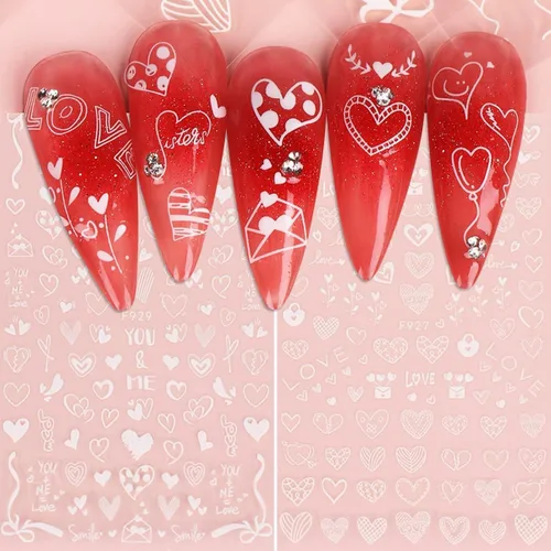 Vista 3 de Calcomanías de arte de uñas de corazón de San Valentín, calcomanías de uñas blancas para el día de San Valentín, calcomanías de uñas autoadhesivas