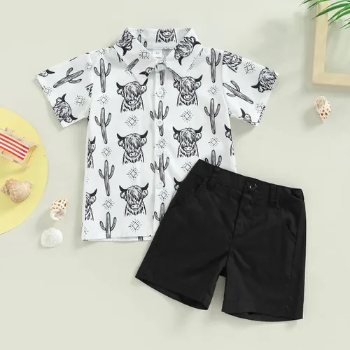 Vista 2 de Conjunto de ropa de verano para bebé, con estampado de vaca, con botones, pantalones cortos de mezclilla, traje de vaquero occidental
