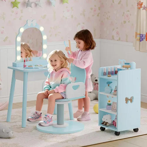 Vista 3 de Juego de tocador azul para niños con luz y silla de barbero, tocador de maquillaje con estante de almacenamiento y juego de peluquería, juego de 7