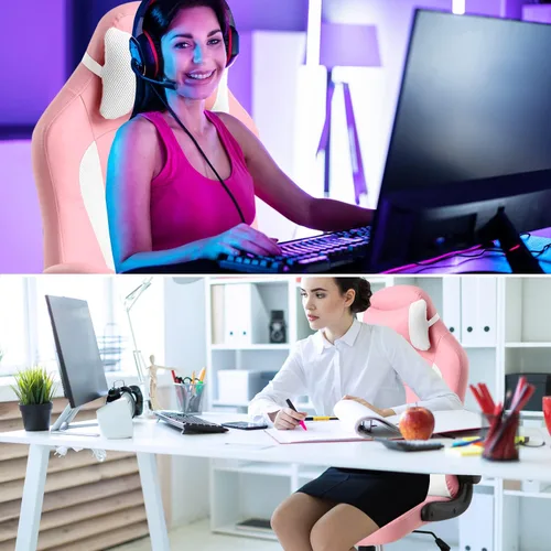 Vista 7 de Silla de oficina en casa, linda silla de juegos Kawaii rosa para niña, ergonómica, escritorio de carreras, oficina, ajustable, con respaldo alto