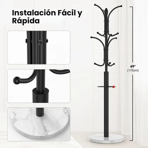 Vista 7 de Perchero Independiente, Perchero con 12 Ganchos con Base de Mármol Natural y Soporte para Paraguas, Perchero de Fácil Montaje para Colgar Bufanda