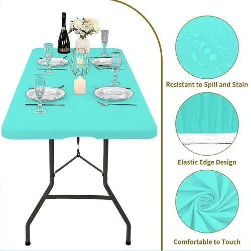 Vista 3 de 6 Pack de Manteles Ajustados para Mesas Rectangulares de 8 Pies, Cubierta de Mesa Aqua Azul Elástica para Picnic al Aire Libre, Paños de Mesa