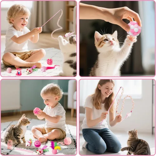 Vista 4 de MALLMALL6 Juego de juguetes interactivos para gatos, paquete de 27 piezas, paquete de 27 piezas, plumas rosadas, varita, resortes, ratones, sisal