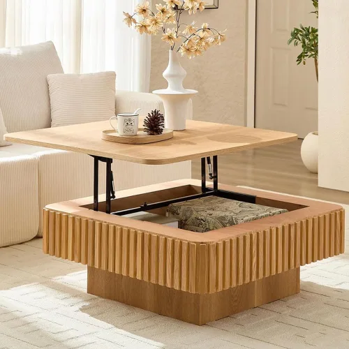 Vista 18 de Mesa de Centro Cuadrada de 35.43'' para Sala de Estar Mesa de Centro Acanalada Mesa Central Moderna con Pedestal para Apartamento Negro