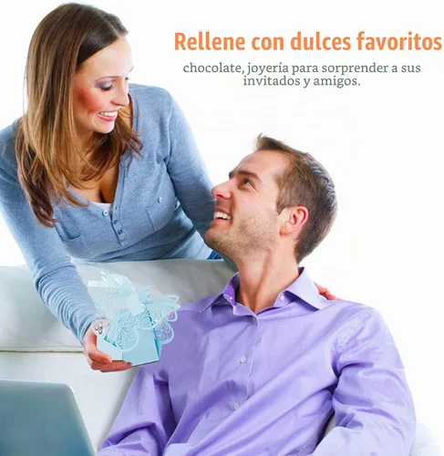 Vista 4 de Ejoyous Cajas de dulces de boda, 100 cajas de chocolate de azúcar para recuerdos de boda, caja delicada caja de regalo para bodas, cumpleaños Azul