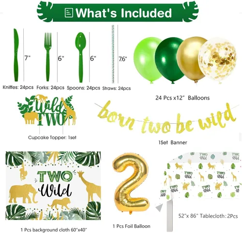 Vista 3 de Dos decoraciones de cumpleaños salvajes, artículos para fiestas temáticas de selva de safari incluyen pancarta, telón de fondo, platos, vasos