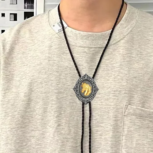 Vista 61 de Jeilwiy Corbata de bolo para hombre, corbata de vaquero occidental, collar de corbata de bolo dorado, corbata de cuero, corbata de Halloween