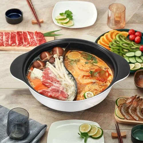 Vista 6 de Olla caliente con divisor para cocina de inducción de doble cara, olla de sopa de dos sabores china Shabu Shabu para fiesta en casa, reunión