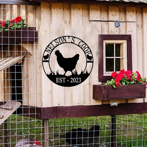 Vista 4 de Letrero de metal personalizado para gallinero, letrero de granja de pollo de metal personalizado, familia de pollo, EST, arte de pared, decoración