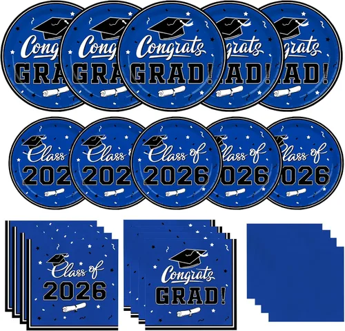 Vista 17 de Platos y servilletas de fiesta de graduación, decoraciones de graduación de clase de 2026, platos de papel desechables negros y dorados, servilletas