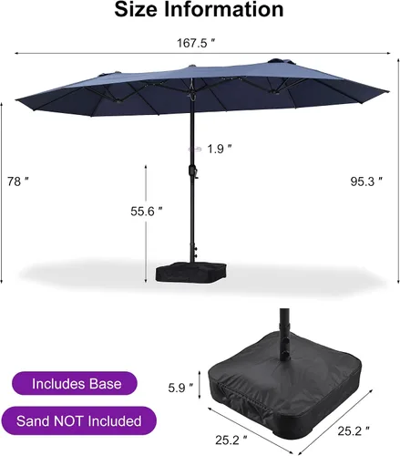 Vista 38 de PURPLE LEAF - Sombrilla de mercado de patio de 13 pies con base rectangular doble cara, sombrilla de mesa para exteriores con manivela, 12 varillas