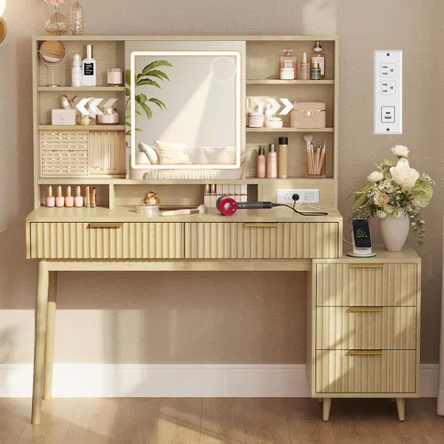 Vista 7 de VASAGLE Colección LIRY - Escritorio de tocador con espejo y luces, tocador de maquillaje de estilo granja con taburete, estación de carga, 2