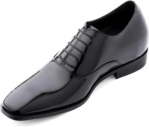 Vista 2 de TOTO Zapatos de ascensor invisibles para hombre - Oxford formal con cordones de charol negro - 3 pulgadas más alto - H6532B