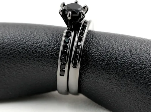 Vista 4 de Conjunto de canal solitario de circón negro anillo de compromiso de eternidad anillo de compromiso de 2 piezas para mujer conjuntos de anillos