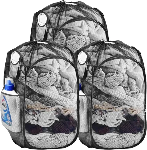 Vista 24 de Cesta de malla desplegable para ropa sucia con asas duraderas - Cesta plegable portátil para dormitorio, baño y viajes (negro)