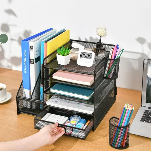 Vista 5 de Marbrasse - Organizador de escritorio con soporte para archivos, organizador de bandejas para papel tamaño carta de 5 niveles con cajón y 2 soportes