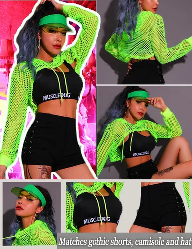 Vista 2 de Avidlove Camiseta corta de malla con capucha para mujer, camiseta de red de manga larga para festival, club, fiesta