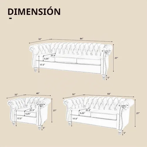 Vista 2 de QHITTY - Juego de 3 piezas para sala de estar, sofá seccional Chesterfield con silla contemporánea tapizada en cuero, sofás biplaza para sala