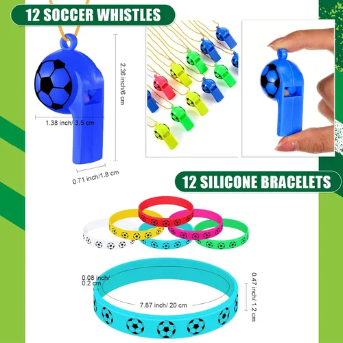 Vista 3 de Hiboom 110 recuerdos de fiesta de fútbol incluyen 12 bolsas de regalo, 12 silbatos, 12 borradores de bolas 3D, 12 llaveros, 12 pulseras de silicona