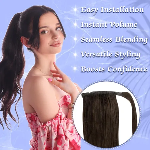Vista 6 de Extensiones de cabello Full Shine con clip para cola de caballo, cabello humano, tonos medios marrones y rubio miel, envoltura alrededor de la cola